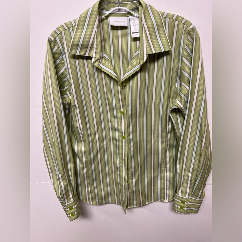 LIZ CLAIBORNE NON-IRON GREEN/WHITE STRIPE LONG SLEEVE BLOUSE. SIZE 8 NWOT - Picture 2 of 9